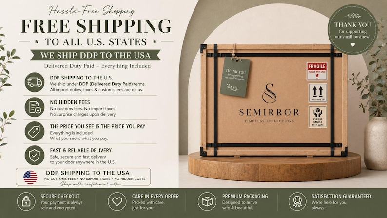 May include: A rectangular cardboard shipping box with black metal corner reinforcements and straps. The box features the Semirror logo, a green thank you tag, and fragile handling labels. It sits on a circular wooden base.