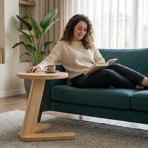 Solid Pine Wood C-Shaped Side Table, Modern Round End Table for Sofa