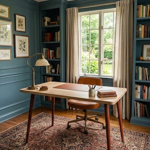 May include: A home office featuring a light wood desk with a brown leather desk mat, a brass desk lamp, and a brown leather swivel chair. The room has teal paneled walls, built-in bookshelves filled with books, and a patterned area rug on the floor.