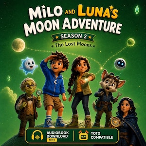 Puede incluir: Una ilustración digital titulada Milo and Luna's Moon Adventure Season 2 The Lost Moons con cinco personajes animados sobre una superficie verde. Abajo, una etiqueta rectangular indica Audiobook Download MP3 y Yoto Compatible.