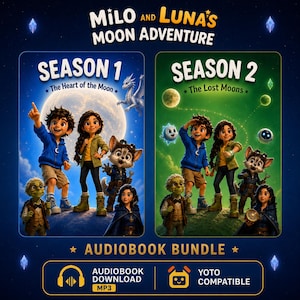 Puede incluir: Un paquete de audiolibros titulado Milo and Luna's Moon Adventure que incluye la temporada 1 The Heart of the Moon y la temporada 2 The Lost Moons. La portada muestra personajes animados, un dragón y elementos espaciales. Incluye MP3 y Yoto.