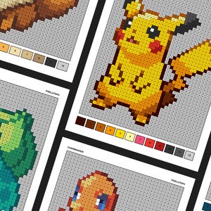 Libro de hojas para colorear imprimibles de Pokémon / Pikachu, Bulbasaur, Charmander, Squirtle, Eevee / Colorear por números / Pixel Art