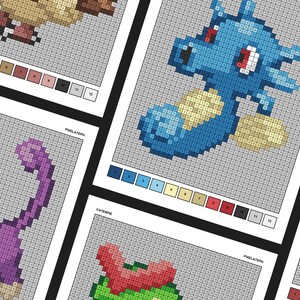 Könnte beinhalten: Ein Pixel-Art-Muster eines blauen und gelben Pokémon-Charakters, Squirtle, mit einem roten Auge. Das Muster befindet sich auf einem weißen Hintergrund mit einer Farbpalette aus Blau, Gelb, Rot und Schwarz.