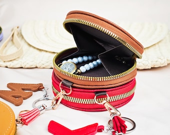 Leather Travel Jewelry Box, Birth Flower, Initial Charm Keychain