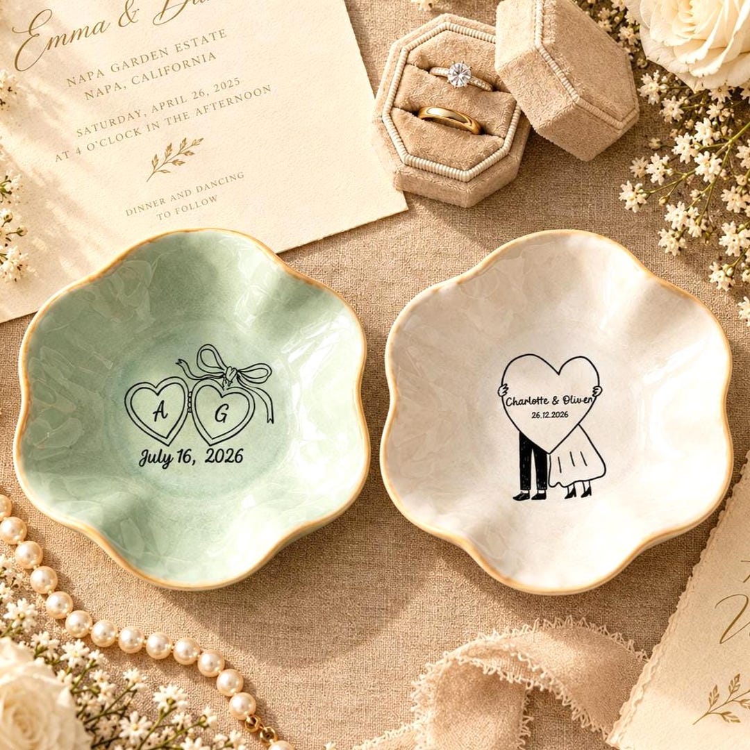 Personalized Wedding Ring Dish, Flower Ceramic Tray With Names or ...
