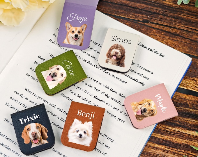 Personalized Pet Photo Leather Magnetic Bookmark, Custom Dog Cat Mom Gift, Pet Memorial Keepsake, Book Lover Present, Back to School Gifts