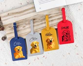 May include: Four colorful luggage tags with a dog theme. Each tag features a different color: blue, gray, yellow, and red. The tags have a picture of a golden retriever and the name "Chloe" printed on them.