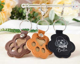Personalized Pet Memorial Keychain, Portrait & Fur Keepsake, Pawprint Leather