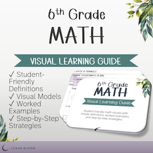 May include: A 6th Grade Math visual learning guide featuring text that reads 6th Grade MATH Visual Learning Guide, Student-Friendly Definitions, Visual Models, Worked Examples, and Step-by-Step Strategies, decorated with green leaves.