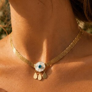 Blue Evil Eye Shell Choker Necklace, Gold Titanium Steel Mesh Choker, Mother of Pearl Statement Necklace, Boho Coastal Jewelry