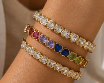 Gold Heart Bangle Bracelet, Rainbow Zircon, 18K PVD Plated Stainless Steel, Waterproof Everyday Luxury