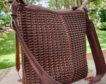 Brown Large Woven Leather Shoulder Bag: Handmade Braided Vegetan Leather Purse