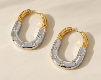 Mixed Metal Hoop Earrings, Gold & Silver Zircon Statement Hoops