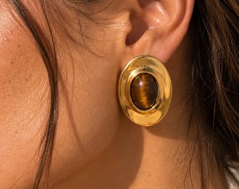 Tiger Eye Gold Stud Earrings, Bold Oval Statement Earrings