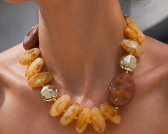 Chunky Bead Necklace, Honey Brown Asymmetrical Gold-Tone Statement Jewelry
