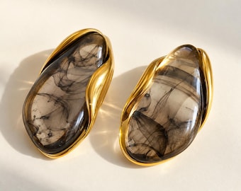 Smoky Resin Statement Earrings, Sculptural Gold Studs