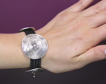 Silver Swirl Pieces on Black Band Bracelet Bold Statement Jewelry Unique Gifts