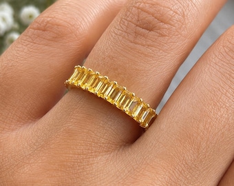 18K Gold Plated Yellow Zircon Open Ring, Baguette Cut, Stackable Statement Band