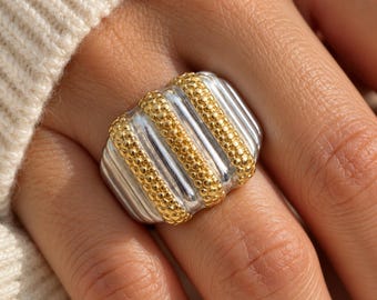 Mixed Metal Statement Ring, Gold Plated Stainless Steel Wide Ring