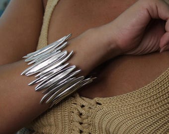 Handmade Silver Wide Cuff Bracelet: Boho Statement Jewelry Unique Slip on Chunky Bracelet