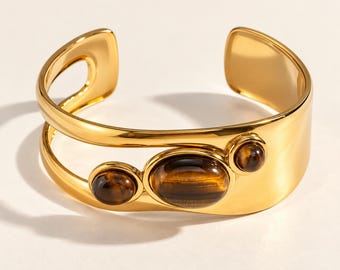 Tiger Eye Gold Cuff Bracelet: Bold Sculptural Statement Bangle