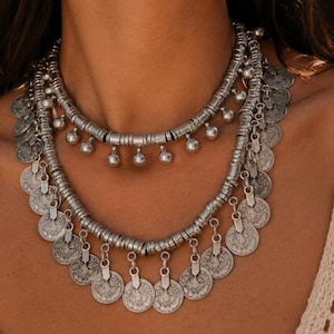 Handmade Silver Layered Coin Necklace: Boho Chic Statement Jewelry