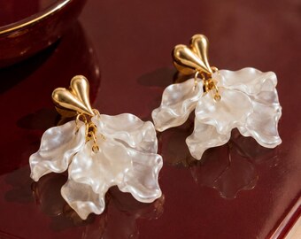 White Petal Drop Earrings 18K Gold Plated Heart Studs Pearlescent Floral Statement Earrings Waterproof Jewelry