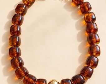 Amber Brown Resin Bead Necklace, Chunky Gold Statement Jewelry