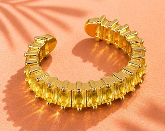 Yellow Zircon Ring, 18K Gold Plated Baguette Cut Open Band Stackable Jewelry