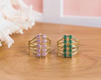 18K Gold Plated Stainless Steel Multi Band Zircon Ring, Adjustable Statement Jewelry