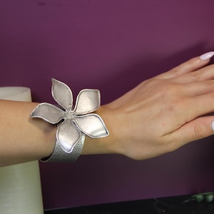 Silver Cuff Metal Flower Bracelet Unique Jewelry for Bold Accessory Lover Vintage Inspired Jewelry