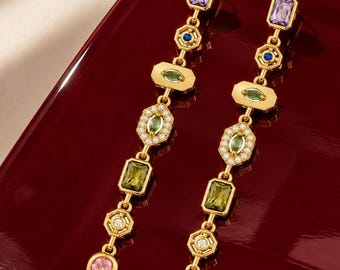 Multicolor Zircon Drop Earrings, 18K Gold Plated, Soft Color Crystal Dangles, Elegant Jewelry