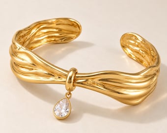 Sculptural Gold Cuff Bracelet, Zircon Charm Statement Bangle, Waterproof 18K Gold