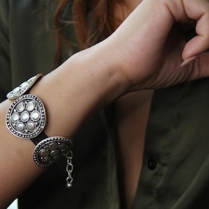 Ethnic Large Silver Bracelet with black band Bohemian Bracelet Statement Authentic Jewelry Unique Handmade Bracelet
