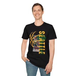 Seattle Basketball T-Shirt, Seattle Supersonics Graphic Tee, Slam Dunk Player Shirt, Space Needle Silhouette Top, Unisex Sports Apparel