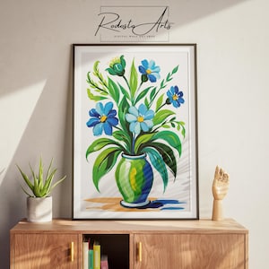 Blue Flowers Wall Art, Hand Painted Poster, Botanical Printable Decor, Flower Vase Print, Floral Wall Decor, Digital Printable Wall Art