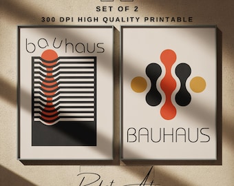 Conjunto de 2 láminas decorativas para pared de la exposición Bauhaus, póster Bauhaus, decoración geométrica para pared, arte moderno de mediados de siglo, póster en tonos neutros, impresión digital.
