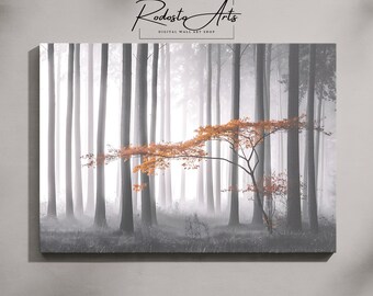 Misty Forest Wall Art, Serene Forest Poster, Printable Forest Artwork, Landscape Poster Print, Horizontal Landscape Design, Tree Wall Art