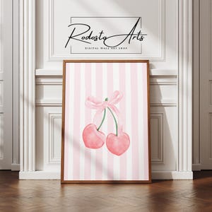 Pink Cherry Poster, Pink Bow Print, Romantic Cherry Wall Art,  Cute Bow Printable Poster, Coquette Aesthetic Print, Valentine&#39;s Day Gift