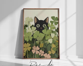 Shamrock Clover Cat Illustration Print - Cat Lover Gift - Etsy