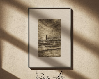 May include: Framed sepia-toned art print featuring a lighthouse at the end of a pier, set against a stormy sky. The artwork is a pencil sketch style, with visible texture in the water and clouds. The print is in a black frame.
