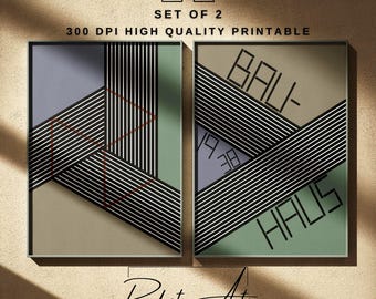Juego de 2 piezas originales de arte mural Bauhaus, póster digital geométrico, impresión de la exposición Bauhaus, impresiones geométricas, póster de arte lineal, arte minimalista.