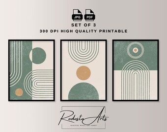 Emerald Green Boho Wall Art Set of 3, Boho Rainbow Print, Mid Century Modern Wall Art, Neutral Poster Set, Gallery Wall Set, Beige Wall Art