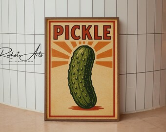 Retro Pickle Wall Art, Retro Pickle Artwork, Funny Printable Kitchen Decor, Food Illustration Digital Pop Art Wall Print, Funny Pickle Decor