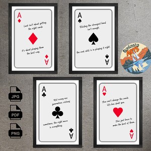 Deal Yourself Inspiration: 4 Ace Cards with Inspiring Quotes,  Motivational Quotes Set of 4, 300 Dpi Digital Art in PDF, PNG & JPG
