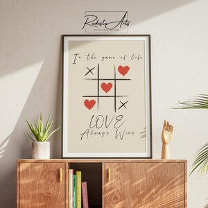 Love Always Wins Wall Art, Valentine&#39;s Day Poster, Tic Tac Toe Digital Poster, Printable Heart Decor, Trendy Home Wall Art, Love Quote Art