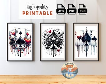 Playing Cards Wall Art Set - 3 Ace Designs, Printable Digital Download, Poker Room Decor, High-Quality JPG PDF PNG