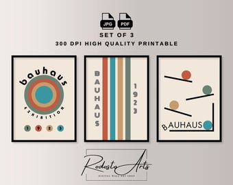 Bauhaus Wall Art Set of 3, Exhibition Poster Set, Modern Abstract Prints, Mid Century Modern Decor, Minimalist Art, Geometric Wall Decor