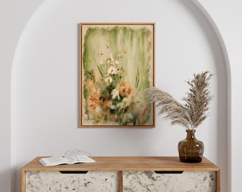 Arte mural floral en acuarela, lámina botánica vintage, pintura de naturaleza verde, decoración rústica para el hogar, arte floral abstracto, decoración de pared verde beige
