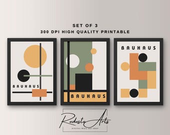 Bauhaus Wand Kunst 3er-Set, Mid Century moderne Kunst, minimalistisches Dekor, Bauhaus Poster Set, grüne und orange Wandkunst, hohe druckbare Qualität